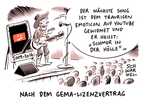 Cartoon: YouTube GEMA Lizenzvertrag (medium) by Schwarwel tagged youtube,gema,einigung,streit,recht,rechte,musik,musikvideos,google,lizenz,lizenzvertrag,videoplattform,video,plattform,karikatur,schwarwel,youtube,gema,einigung,streit,recht,rechte,musik,musikvideos,google,lizenz,lizenzvertrag,videoplattform,video,plattform,karikatur,schwarwel