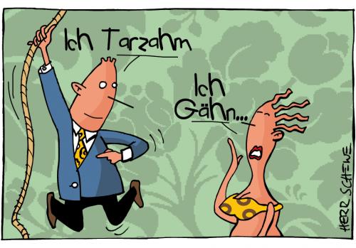 Cartoon: Ich Tarzahm (medium) by Josef Schewe tagged schewe,tarzan,jane,liane,dschungel,jungle,urwald,müde,mann,frau,tarzan,jana,urwald,dschungel,held,liane,mann,frau,sex,beziehung,partnerschaft,krise,ehe,ehepaar,gelangweilt,müde,langweilig,beeindrucken,imponieren,flirt,macho,balzverhalten,verhalten,kommunikation,korb,kennenlernen,anmache