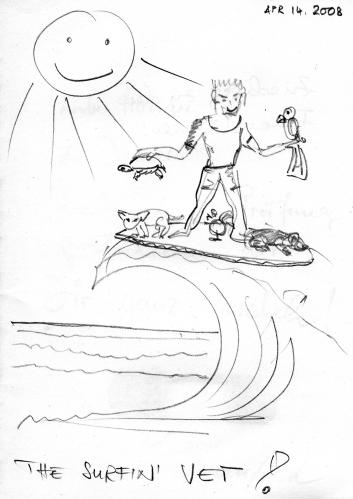Cartoon: der surfende Tierarzt (medium) by manfredw tagged hund,katze,huhn,papagei,schildkröte,surfbrett,welle,tierarzt,veterinär,vet,
