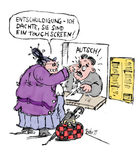 Cartoon: Touchscreen (medium) by bob tagged service,beamter,touchscreen,db,deutsche,bahn,auge,pieks,autsch