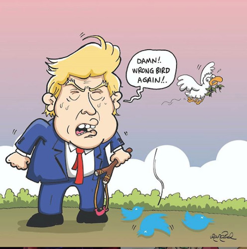 Cartoon: Trump and birds (medium) by ugurgunel tagged trump,piece,piecemaker,bird,twitter,scialmedia,donaldtrump,war,biden