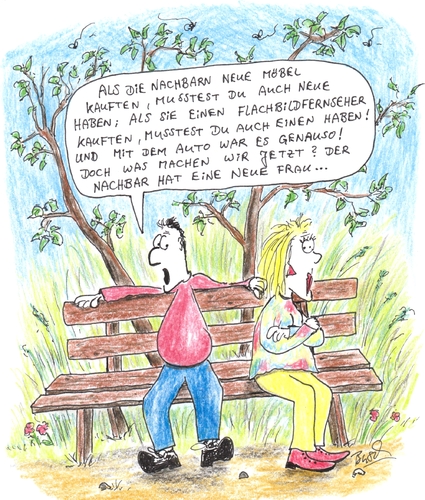 Cartoon: Auch haben will! (medium) by Busch Cartoons tagged frau,mann,gespräche,reden,neid,haben,nachbar,auto,fernseher,freund,parkbank,frühling