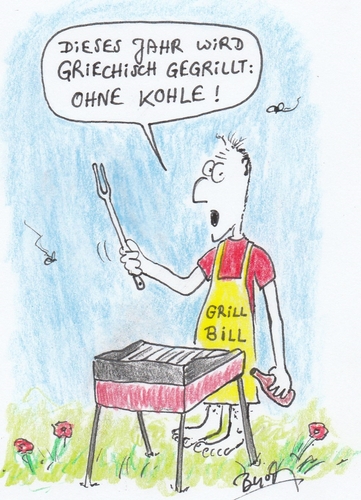 Cartoon: Griechisch Grill (medium) by Busch Cartoons tagged griechisch,griechenland,kohle,grill,geld,schulden,frühling,saison,grillen,europa