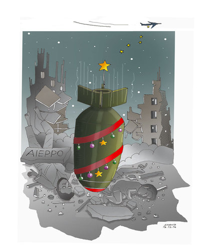 Cartoon: Aleppo Christmas Gift ! (medium) by Shahid Atiq tagged trump,afghanistan,safi,shahid,bahar,ieba,rayian,castro,cuba,aleppo