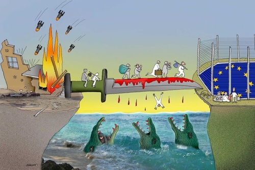 Cartoon: From Death to Death (medium) by Shahid Atiq tagged afghanistan,iraq,syria,kabul,flüchtlinge,refugee,death