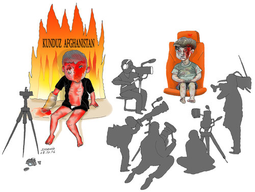 Cartoon: Kunduz Afghanistan is burning in (medium) by Shahid Atiq tagged afghanistan,kabul,syria,iran,switzerland,schweiz,usa,france,football,safi,cartooneu,uk,putin,erdogan,raiyan,shahid,kunduz