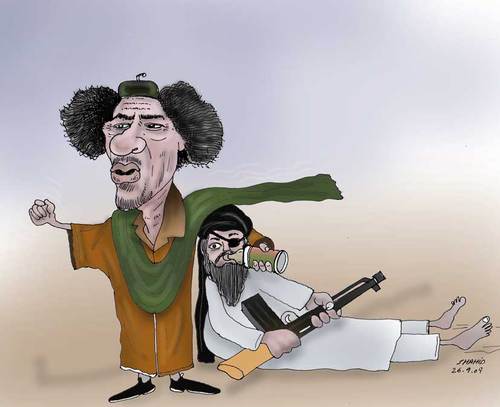 Cartoon: qaddafi support taliban (medium) by Shahid Atiq tagged 063