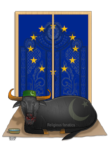 Cartoon: Religious fanatics behind the .! (medium) by Shahid Atiq tagged eu