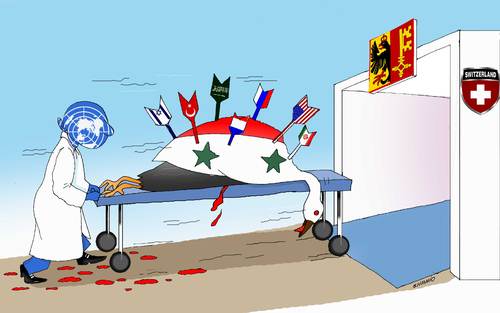 Cartoon: Syrian Peace talks (medium) by Shahid Atiq tagged geneva,afghanistan,kabul,syria,iraq,iran,switzerlsnd