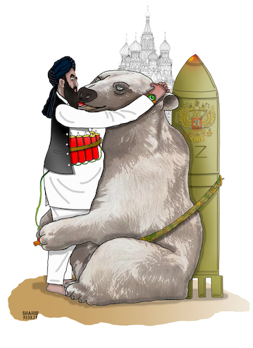 Cartoon: Taliban meet Russia ? (medium) by Shahid Atiq tagged afghanistan