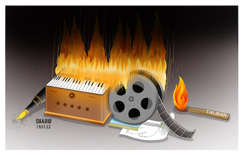 Cartoon: Taliban set fire to culture... (medium) by Shahid Atiq tagged afghanistan