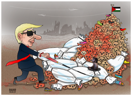 Cartoon: Trump denies genocide! (medium) by Shahid Atiq tagged palestine