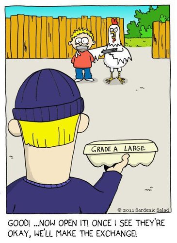 Cartoon: hostage exchange (medium) by sardonic salad tagged hostage,chicken,exchange,cartoon,egg,comic,humor