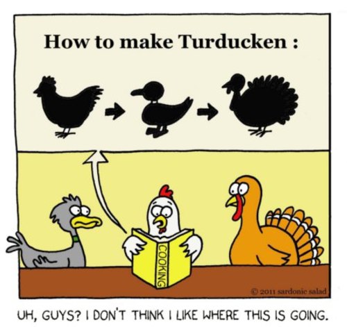 Cartoon: Turducken (medium) by sardonic salad tagged turkey,thanksgiving,duck,chicken,sardonic,salad,cartoon,comic