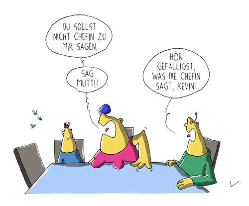 Cartoon: Chefin (medium) by SCHÖN BLÖD tagged thomas,luft,cartoon,lustig,mutti,mama,mutter,vater,kind,sohn,chefin,familie,thomas,luft,cartoon,lustig,mutti,mama,mutter,vater,kind,sohn,chefin,familie