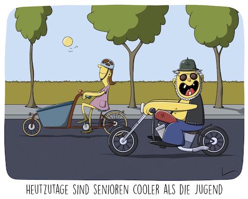 Cartoon: Cool (medium) by SCHÖN BLÖD tagged chopper,lastenrad,senioren,alte,junge,straße,generationen,cool,chopper,lastenrad,senioren,alte,junge,straße,generationen,cool