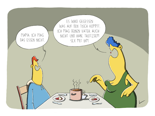 Cartoon: Essen (medium) by SCHÖN BLÖD tagged thomas,luft,cartoon,lustig,essen,mutter,vater,sohn,kind,kochtopf,besteck,messer,gabel,teller,nörgelei,thomas,luft,cartoon,lustig,essen,sex,mutter,vater,sohn,kind,kochtopf,besteck,messer,gabel,teller,nörgelei