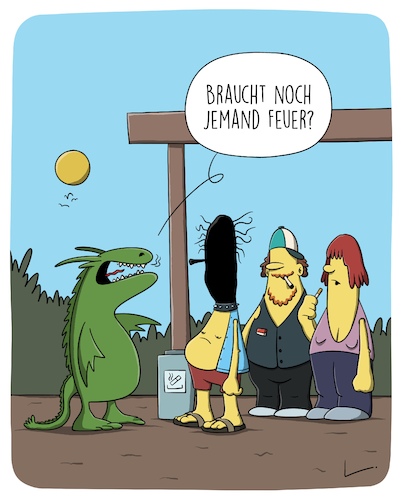 Cartoon: Feuer (medium) by SCHÖN BLÖD tagged feuer,drache,bushaltestelle,rauchen,rauch,zigarette,feuer,drache,bushaltestelle,rauchen,rauch,zigarette