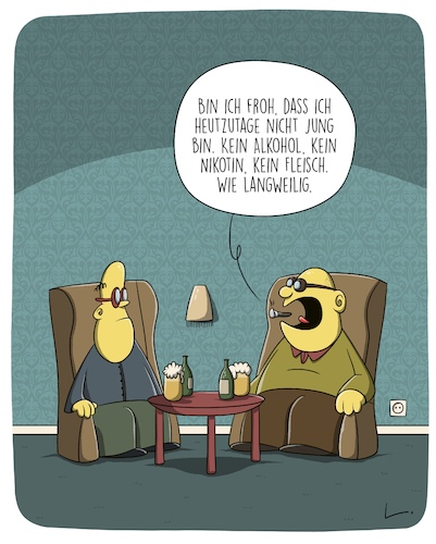 Cartoon: Froh (medium) by SCHÖN BLÖD tagged froh,senioren,alte,opa,bier,alkohol,fleisch,vegetarier,froh,senioren,alte,opa,bier,alkohol,fleisch,vegetarier