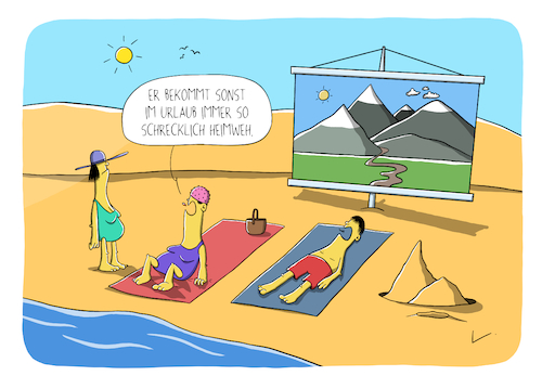 Cartoon: Heimweh (medium) by SCHÖN BLÖD tagged thomas,luft,cartoon,lustig,heimweh,urlaub,reisen,meer,strand,see,wasser,berge,ehepaar,frau,mann,sand,thomas,luft,cartoon,lustig,heimweh,urlaub,reisen,meer,strand,see,wasser,berge,ehepaar,frau,mann,sand