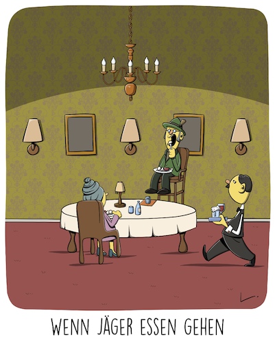 Cartoon: Jäger (medium) by SCHÖN BLÖD tagged jäger,hochsitz,hochstuhl,restaurant,klöße,gaststätte,lokal,jäger,hochsitz,hochstuhl,restaurant,klöße,gaststätte,lokal