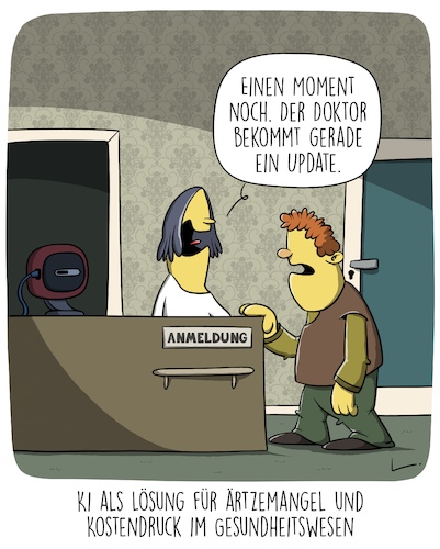 Cartoon: Update (medium) by SCHÖN BLÖD tagged thomas,luft,cartoonalarm,update,arztpraxis,arzt,krankenschwester,patient,ki,künstliche,intelligenz,zukunft,computer,thomas,luft,cartoonalarm,update,arztpraxis,arzt,krankenschwester,patient,ki,künstliche,intelligenz,zukunft,computer