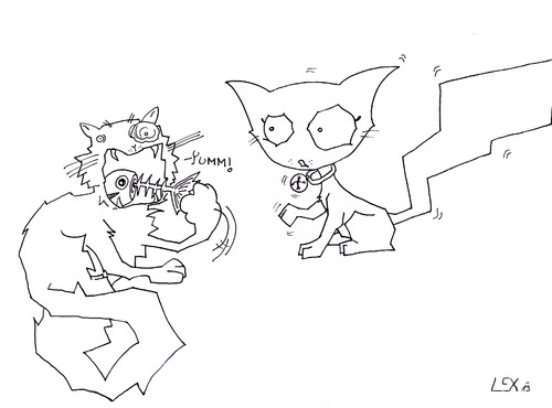 Cartoon: YUMM! (medium) by Spacekadettin tagged cats,cat,fish,yumm,yummy,fun,shocked,outraged,greedy