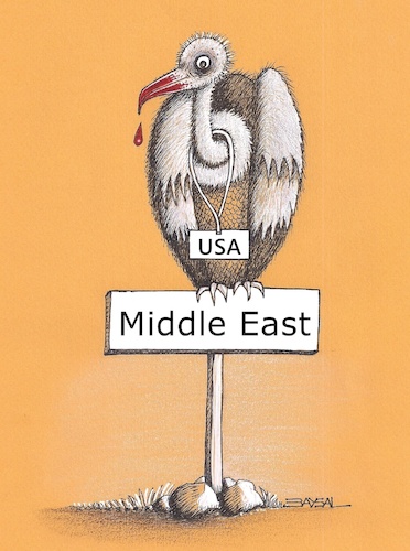 Cartoon: Middle East (medium) by ercan baysal tagged middleeast,usa,vulture,blood,east,war,peace,imperialism,opportunist,diplomacy,dead,healt,bird