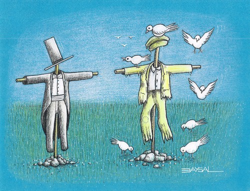 Cartoon: Politician (medium) by ercan baysal tagged insecurity,ercanbaysal,coloured,humour,satire,scarecrow,artwork,work,art,handmade,blue,pigeon,politician,colour,sympathies,fear,peace