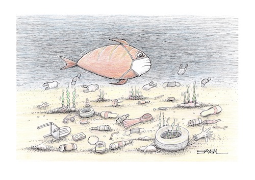 Cartoon: Sea and garbage (medium) by ercan baysal tagged sea,garbage,fish,bottomofthesea,plastic,ecology,mask,bag,environment
