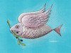 Cartoon: Fish (small) by ercan baysal tagged peace,bird,olive,sea,fly,blue,tiere,absurd,humour,satire,animals,logo,ercanbaysal,hope,cartoons