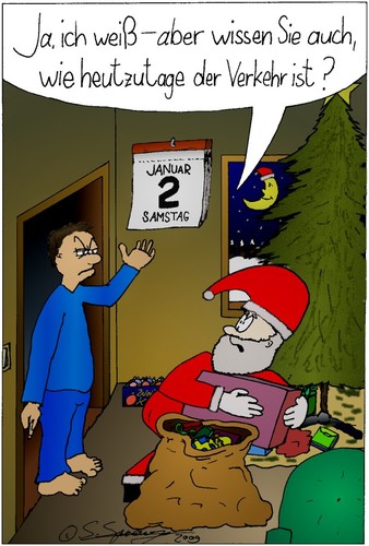 Cartoon: Verspätete Weihnachten (medium) by chaosartwork tagged christmas,xmas,weihnachten,santa,weihnachtsmann,geschenke,presents,verspätet,belated,spät,late,dezember,januar,stau,verkehr,traffic,jam