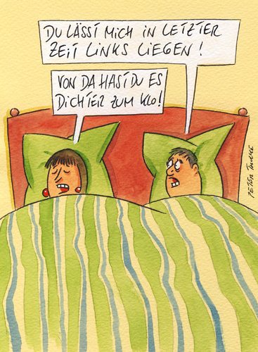 Cartoon: links (medium) by Peter Thulke tagged ehe,ehe,liebe,partnerschaft,beziehung,sex,bett,zärtlichkeiten,toilette,praktisch,wc