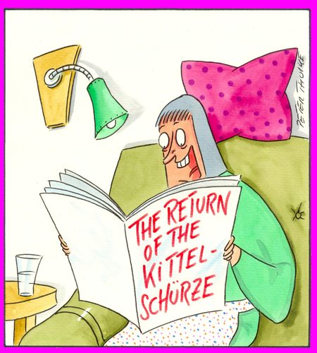 Cartoon: return (medium) by Peter Thulke tagged no,kittle,kittelschürze,schürze,hausfrau,literatur