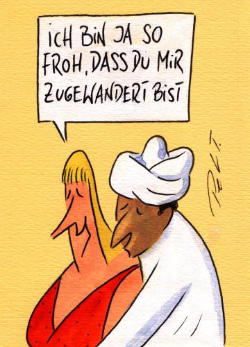 Cartoon: zugewandert (medium) by Peter Thulke tagged frauen,männer,zuwanderung,liebe,partnerschaft,beziehung,liebe,flirt,ehepaar,ehe,partner,mann,frau,ausländer,zuwanderung,zuwanderer,immigration,kennenlernen,verliebt