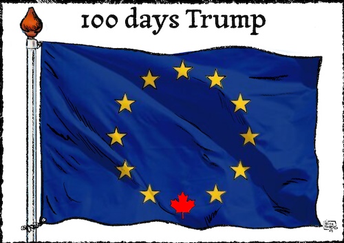 Cartoon: 100 days Trump (medium) by jean gouders cartoons tagged trump,canada,european,union,trump,canada,european,union