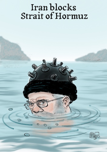 Cartoon: Iran blocks strait of Hormuz (medium) by jean gouders cartoons tagged iran,usa,oil,war,isre,iran,usa,oil,war,isre