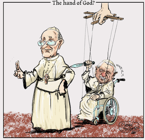 Cartoon: The hand of God? (medium) by jean gouders cartoons tagged pope,francis,benidict,xvi,vatican,celibate,pope,francis,benidict,xvi,vatican,celibate