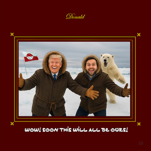 Cartoon: I love the green! (medium) by Alf Miron tagged donald,trump,usa,nato,greenland,imperialism,climate,change,resources