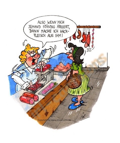 Cartoon: So einfach geht es (medium) by irlcartoons tagged hackfleisch,ärger,hindernis,metzger,wortwitz,humr,irlcartoons,fleischereiverkäuferin,nervensäge,problemlösung,strategie,ärgernis