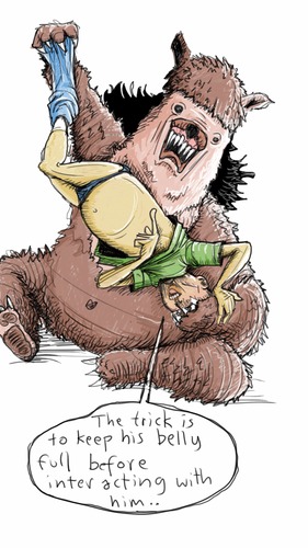 Cartoon: The bear whisperer (medium) by Radikanu tagged bear,grizzly,animals,trainer,wild,bär,wildnis,natur,nature,humans,menschen,lustig,funny