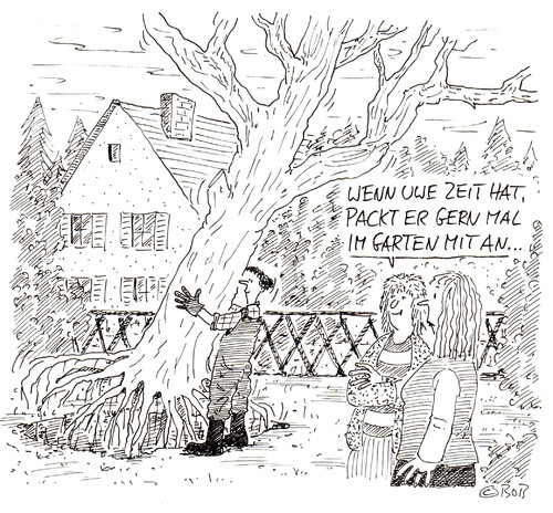 Cartoon: Anpacken (medium) by Christian BOB Born tagged garten,freizeit,arbeit,anpacken,garten,freizeit,arbeit,anpacken,gärtner,baum,nachbarschaft,nachbarn,hilfsbereitschaft,hilfsbereit