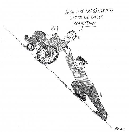 Cartoon: dolle Kondition (medium) by Christian BOB Born tagged rollstuhl,kondition,männer,frauen,cartoon,cartoons,behinderung,rollstuhl,behinderter,körper,handicap,kondition,leistung,sport,kraft,anstrengung,berg,aufwärts,schieben,pflege,pfleger,altenpfleger,rollen