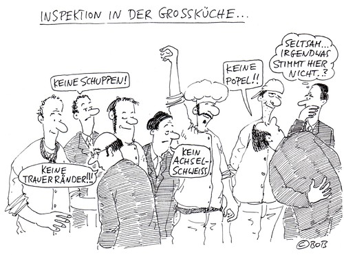 Cartoon: Gips ja gar nich... (medium) by Christian BOB Born tagged küche,sauberkeit,hügiäne,kontrolle,essen,köche,küche,sauberkeit,hygiene,koch,gastronomie,kontrolle,essen,köche,vorschriften,regeln,job,beruf,arbeit