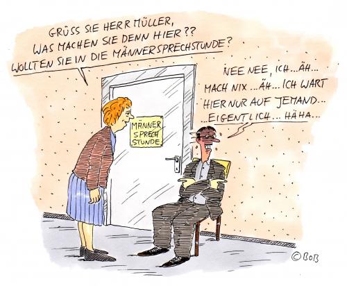 Cartoon: Männersprechstunde (medium) by Christian BOB Born tagged stärke,gelassenheit,männlichkeit,männer,mann,sprechstunde,sorgen,probleme,männersprechstunde,ausrede,peinlich,peinlichkeit,scham,schämen,emotionen,frau,gelassenheit,männlichkeit,stärke,gesellschaft,privatsphäre