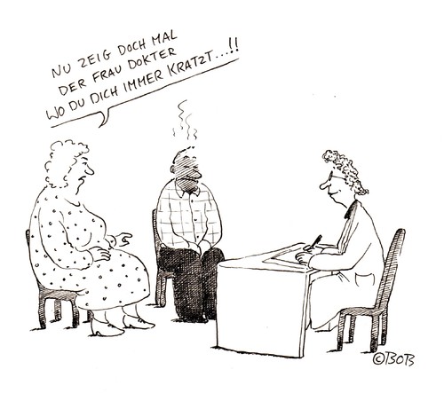 Cartoon: Nu zeig doch mal.. (medium) by Christian BOB Born tagged haut,jucken,kratzen,arzt,patient,mann,frau,ehepaar