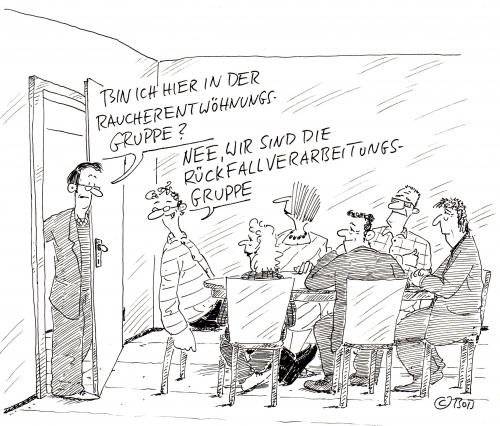 Cartoon: Nur für Fortgeschrittene (medium) by Christian BOB Born tagged nikotin,sucht,rauchen,rückfälle,rauchen,raucher,zigaretten,zigarette,nichtraucher,rauchverbot,sucht,süchtig,süchtiger,abhängigkeit,droge,abhängige,entzug,therapie,gruppe,selbsthilfegruppe,hilfe,unterstützung,entwöhnung,entwöhnen,gesundheit,fortgeschrittene,rückfälle,rückfall,nikotinsucht,nikotin,willenskraft,wille,erfolg,niederlage,verlierer,verarbeitung,willensstärke,psyche