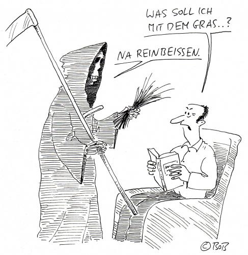 Cartoon: o. T. (medium) by Christian BOB Born tagged tod,ende,das,wars,sense,rip,tod,sterben,jenseits,leben,zeit,sensenmann,sense,gras,beißen,futter,futtern,essen,sprichwort,redewendung,existenz