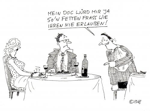 Cartoon: ohne Titel (medium) by Christian BOB Born tagged restaurant,verdauung,kalorien,restaurant,gastronomie,verdauung,kalorien,gesundheit,essen,nahrung,ernährung,mittagessen,abendessen,menü,fett,dick,gewicht,doktor,patient,gesund