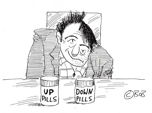 Cartoon: Up and down (medium) by Christian BOB Born tagged pillen,drogen,stimmung,gesundheit,pille,pillen,droge,drogen,drogenabhängigkeit,drogenabhängiger,drogenabhängig,medikament,medikamente,medikamentenmissbrauch,missbrauch,sucht,süchtig,abhängigkeit,abhängig,medizin,wissenschaft,forschung,depression,rezept,patient,arzt,doktor,laune,gemüt,psyche